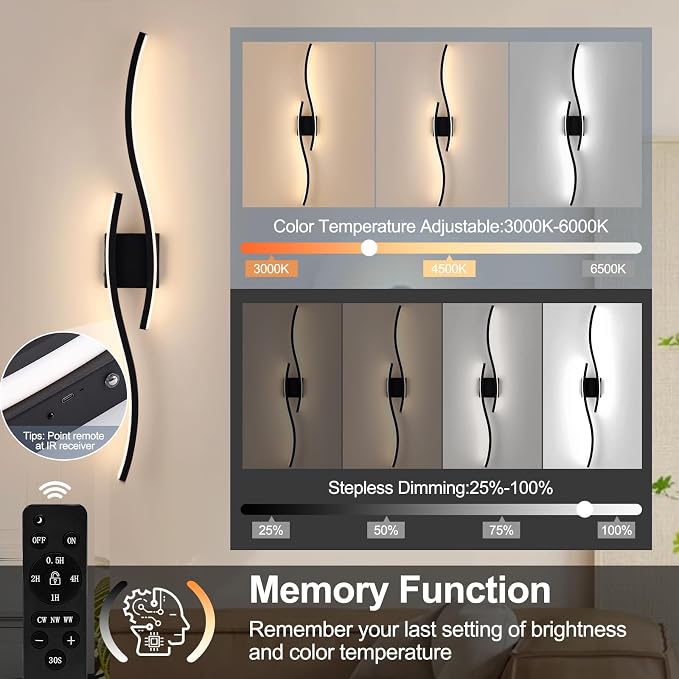 Modern LED Wall Sconce Set of Two, Dimmable Battery Powered Wall Sconces, 3000K-6500K Wireless Wall Light, Rechargeable Wall Lamp Indoor not Hardwired for Room Bedroom Corridor, 39.3in(Black)