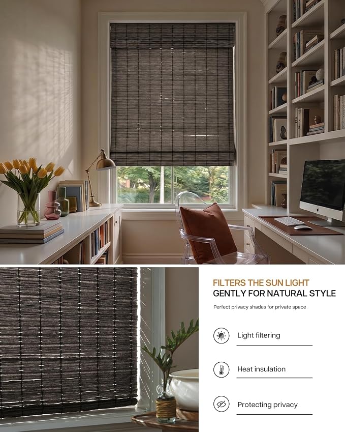 LazBlinds No Drill Cordless Roman Shades for Windows, Light Filtering Privacy Protection Thermal Insulation UV Blocking Natural Panama Weave Fabric Blinds for Windows, 26" W x 64" H, Dark Grey