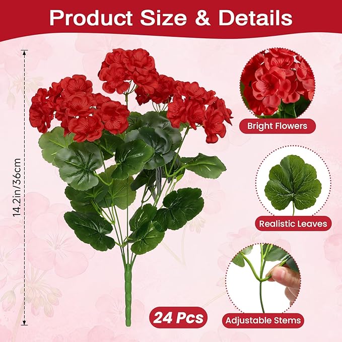 Alupssuc 24Pcs Artificial Geranium Flowers for Outdoors Decoration Silk Floral, UV Resistant Fake Plants, Faux Flower for Porch Garden Table Centerpieces Home Indoor Outside Spring Decor(24, Red)