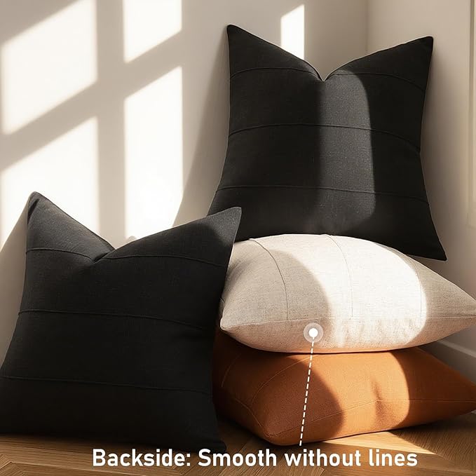 ZWJD Decorative Linen Throw Pillow Covers 16x16 Set of 2 Solid Handcrafted Striped Cushion Covers for Bed Soft Modern Farmhouse Neutral Pillowcase for Couch Bedroom Living Room Home Decor(Black)