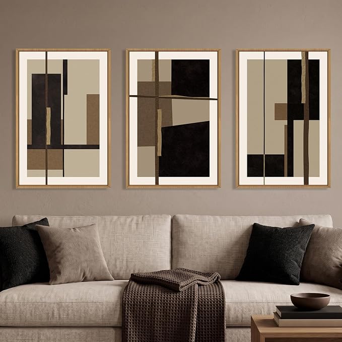 Abstract Shapes Framed Canvas Wall Art Set, Mid-Century Black Polygon Wall Decor, Black Brown Irregular Painting, Neutral Modern Art Print for Living Room, Dining Room, Office-16 x24 x3