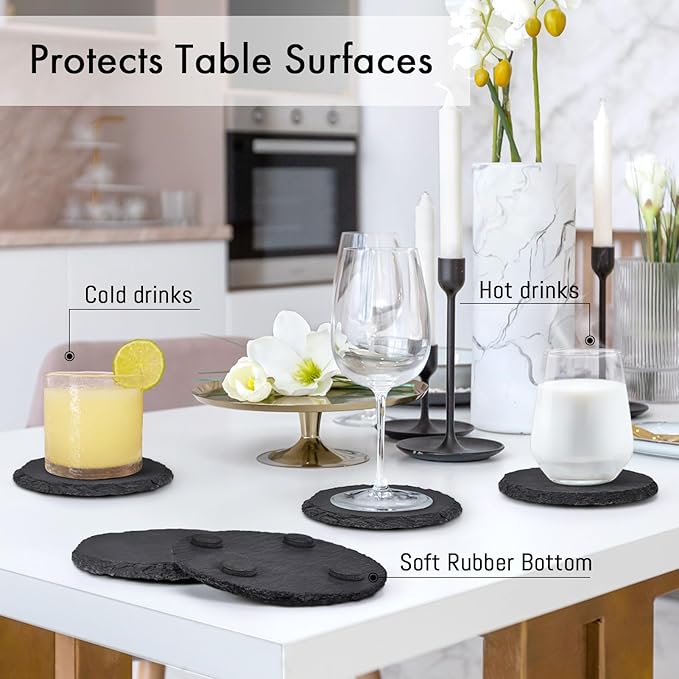 Slate Drink Coasters with Metal Holder, GOH DODD Set of 8 Black Coasters, 4 Inch Stone Coaster Set Tabletop Protection for Home Outdoor Kitchen Apartment Decor Housewarming Gifts Wedding Party, Round
