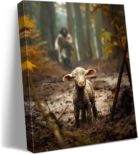 Religious wall decor for prayer room Christian wall art for Christmas decorations indoor Jesus and Lamb canvas wall prints Jesus Running After Lost Lamb Picture for home decor Baptism gifts for boys-girl serenity prayer wall art Christian gifts for Wom...