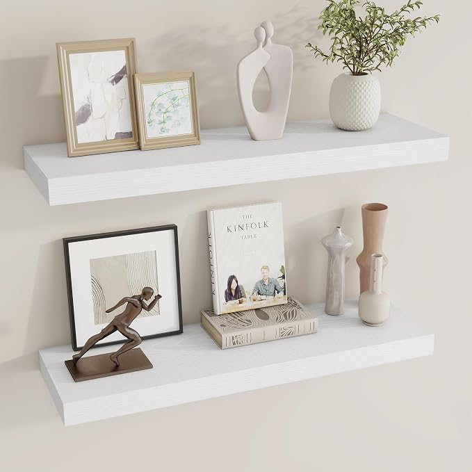 Dreamland 30Inch White Floating Shelves 8" Deep Wall Mounted Set of 2 | Wall shelves for bathroom, bedroom, Living Room, kitchen, deep wall mount wood storage display for home decor 30" x 8"