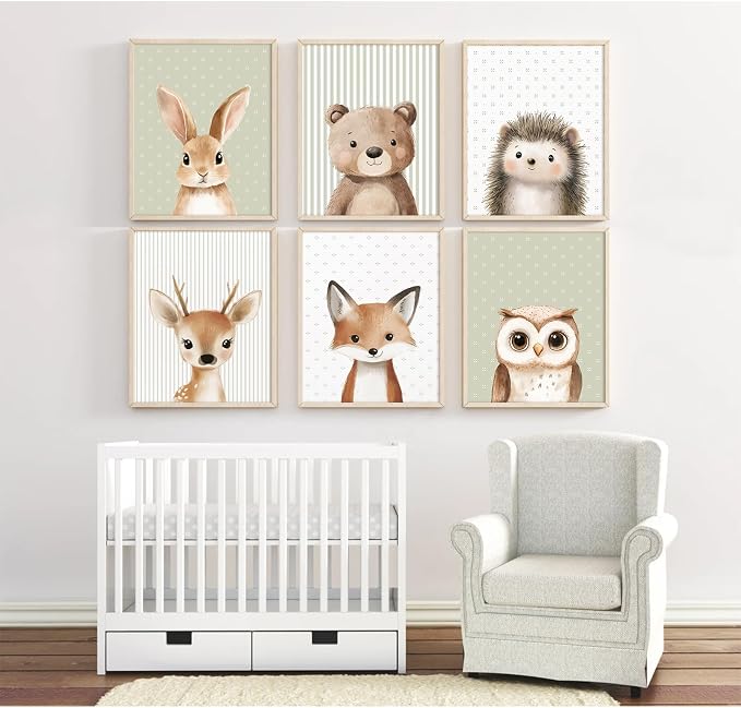Woodland Animal Nursery Wall Art Decor Baby Kids Canvas Poster Safari Animal Wall Decor Jungle Forest Prints Bear Fox Deer Pictures Sage Green Painting Neutral Artwork for Bedroom 12x16 Inch Unframed