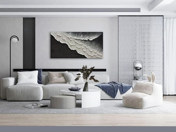 zoinart Hand Painted Black and White Textured Ocean Wave Wall Art 48x24 Inches Abstract Oil Paintings on Canvas Modern Beach Art for Living Room Bedroom Wall Decor