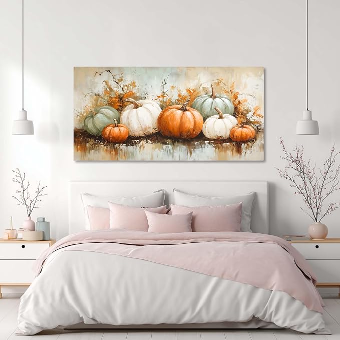 Ggaafet Autumn Pumpkin Wall Art for Living Room Canvas Oil Painting Prints Beautiful Fall Still Life Art Deco Retro Rustic Artwork Office Bedroom Farmhouse Dining Room Decor Extra Large