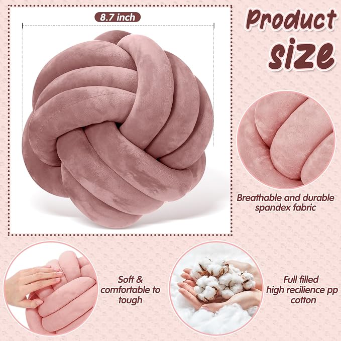 Yerliker 4 Pcs Knot Pillow Ball, 8.7 Inches Soft Home Decorative Round Throw Pillow Handmade Knotted Plush Accent Cushion Gifts for Nursery Decor Home Bed Sofa Bedroom Decoration