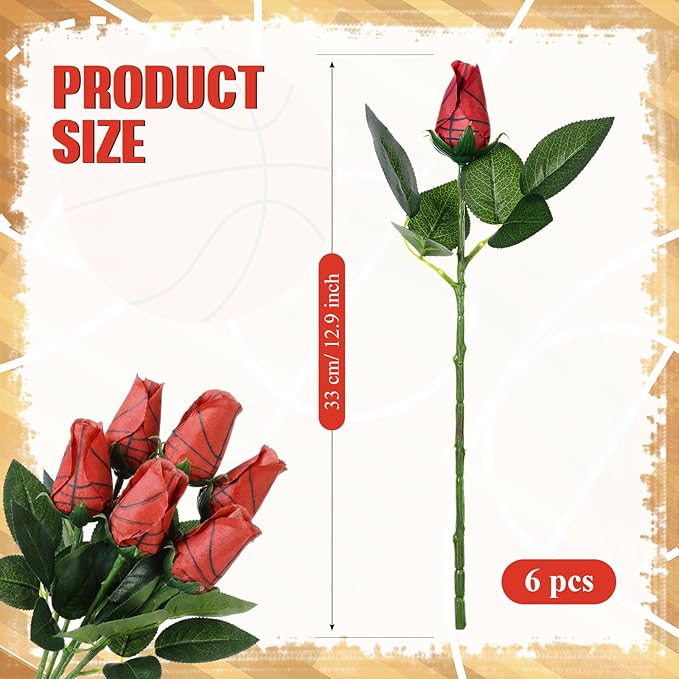 Suhine 6 Pcs Artificial Basketball Rose Flowers Sports Party Favors Bulk for Birthday Graduation Wedding Party Decoration Table Centerpieces Mom Team Coach Senior Night Gift(Basketball Color, Normal)