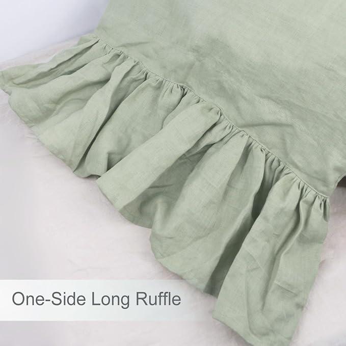 Bean Green Ruffles Linen Pillowcase, 100% French Linen Pillow Cover, King Size 1 Piece Farmhouse Shabby Chic Pillow Case, 20''x36'' Pillowcase with Decorative Ruffle Envelope Closure