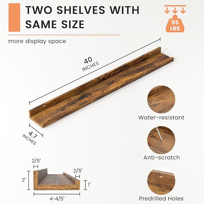 FLYJOE Picture Ledge Shelf, Floating Shelves Set of 2, 40 Inches Nursery Book Shelves for Toys Storage, Kids Bookshelf Wall Mounted for Living Room Bedroom Decor Books Photo Frames, Rustic Brown