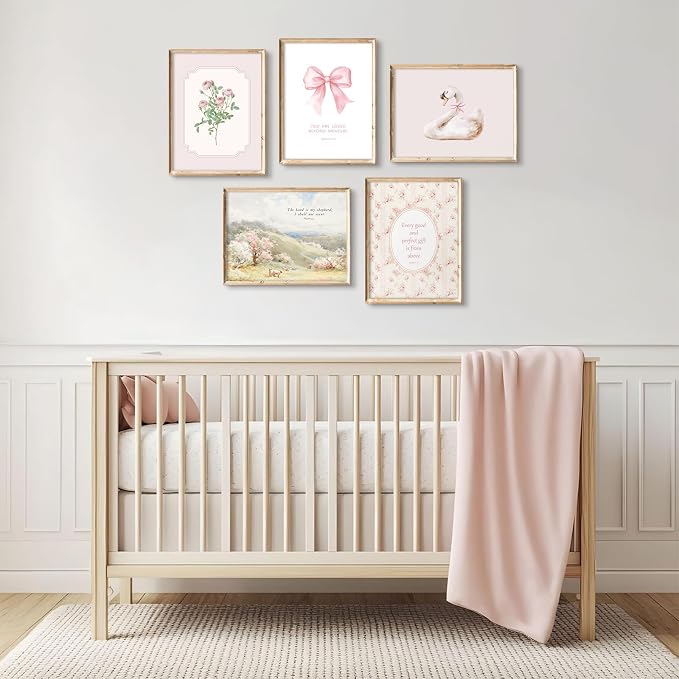 Nursery Christian Wall Art Bible Verses Canvas Wall Decor Baby Girl Room Poster Vintage Pink Nursery Prints Decor Floral Bow Swan Artwork Jesus Scripture Picture for Bedroom 8x10x5 Inch Unframed