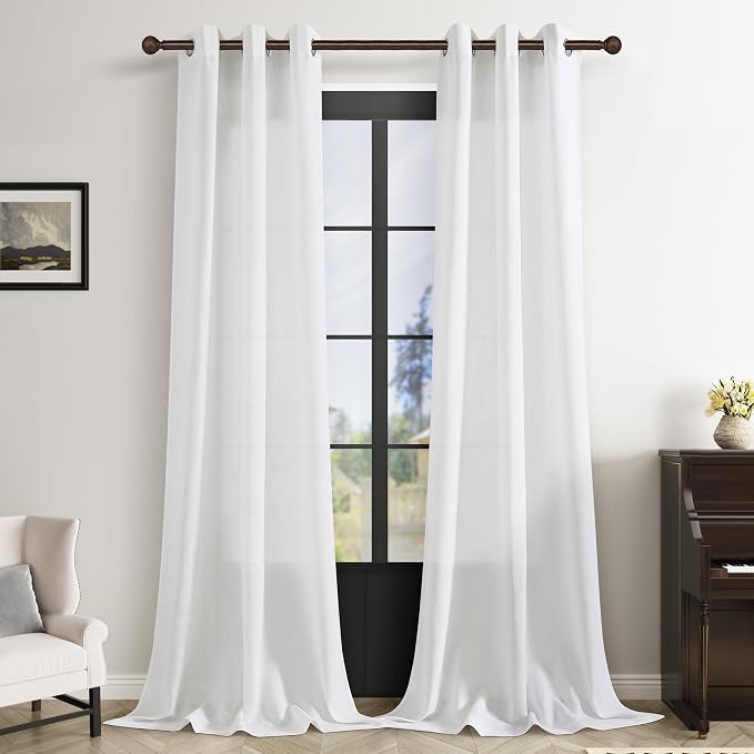 White Linen Grommet 84 Inch Curtains 2 Panels for Dining Living Room Light Filtering Boho Farmhouse Modern Neutral Cotton Drapes Semi Sheer Window Curtains for Bedroom 84 Inches Long 38 Inch Wide