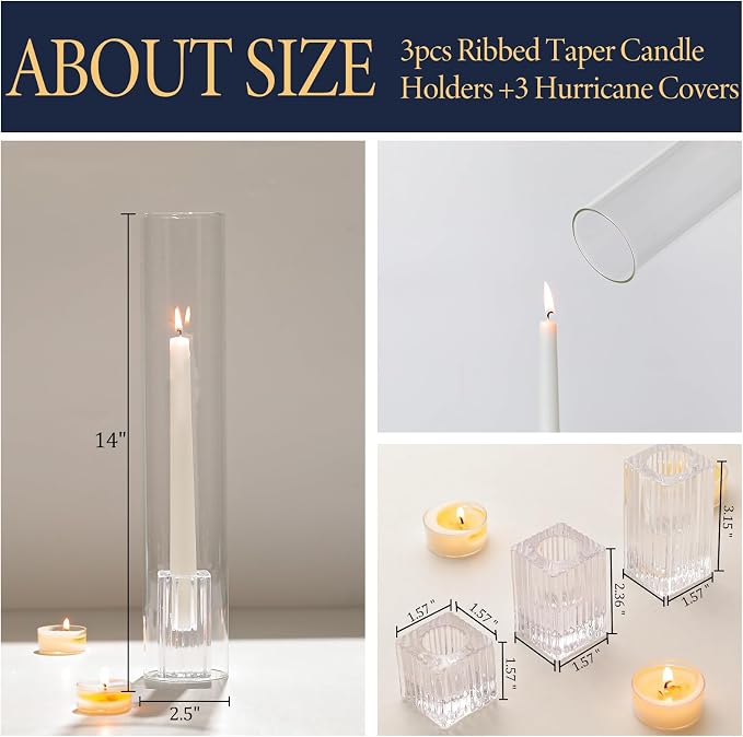 LETINE Hurricane Candle Holders with Ribbed Taper Candle Holders Set of 3(14")- Windproof & Elegant Candle Holder with Glass Cover for Outdoor&Indoors Wedding Centerpieces, Events & Home Decor