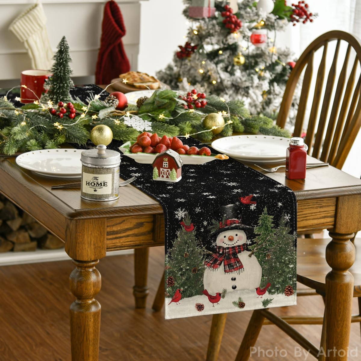 Artoid Mode Snowman Birds Trees Christmas Table Runner, Seasonal Black Winter Holiday Kitchen Dining Table Decoration for Home Party Decor 13 x 90 Inch