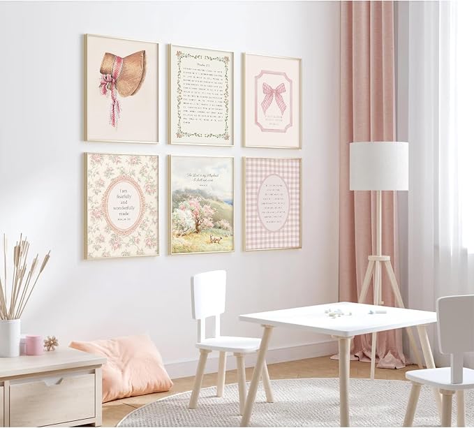 Christian Nursery Wall Art Bible Verse Canvas Wall Decor Pink Vintage Girls Nursery Poster Scripture Floral Bow Print Coquette Room Decor Pictures Jesus Artwork for Bedroom 12x16x6 Inch Unframed