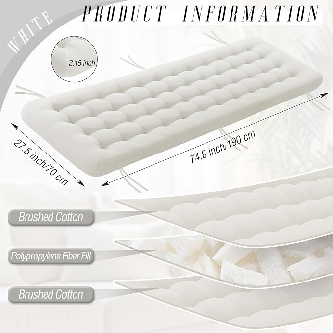 Vercraft Long Floor Cushion Large Floor Cushion with Brushed Cotton 74.8 x 27.5 x 3.15 in Jumbo Lounger Pillow for Outdoor Indoor Bay Window Meditation Yoga Reading Sleeping(1 Pc,White)