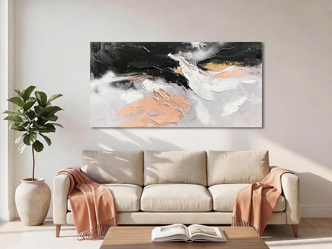 Ardemy Textured Abstract Canvas Wall Art - Black White Gold Beige Brush Strokes Painting Extra Large 58"x29", Modern Splatter Artwork for Living Room Bedroom Home Office Luxury Wall Decor