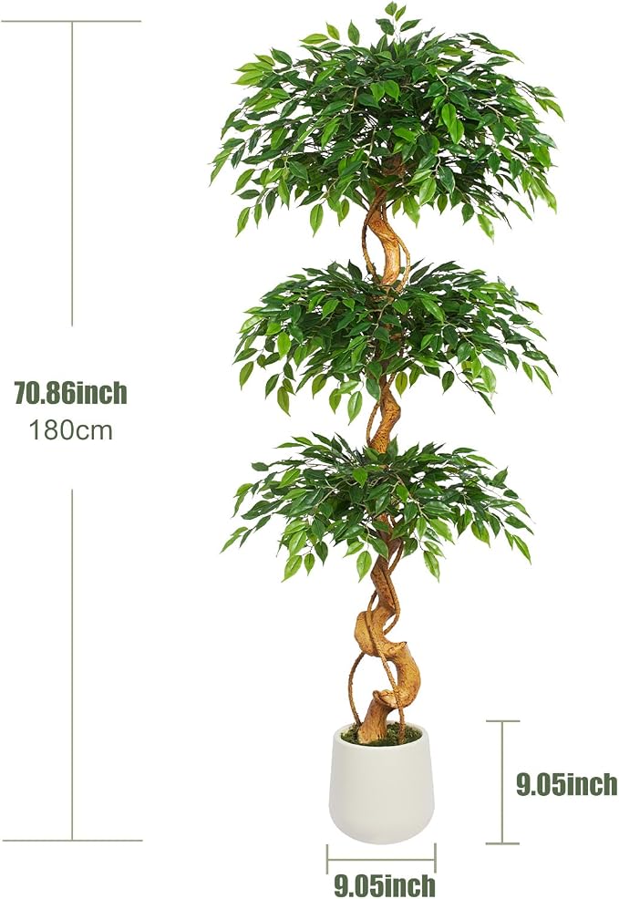 6FT Artificial Ficus Tree, 72in Fake Silk Tree with Natural Curved Trunk & 1860 Lush Leaves, Floor Faux Plant with White Pot, Low Maintenance Decor for Home, Office, Patio