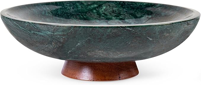 Decorative Marble Bowl Green - Handcrafted Natural Stone on Acacia Wood Pedestal - Versatile 10" Catch‑All Centrepiece for Home Decor - Entryway, Dining Table, Kitchen Fruit Bowl, Key Holder (Green)