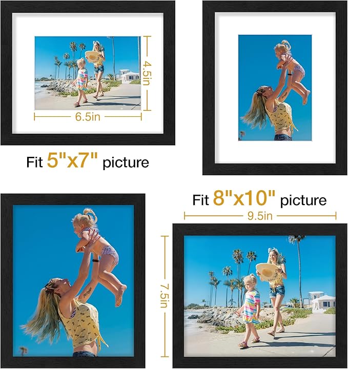Vittanly 8x10 Picture Frames Set of 9, Shatter Resistant Plexiglass, Display 5x7 Pictures with Mat or 8x10 without Mat, Photo Frames for Wall or Tabletop, Engineered Wood, Black