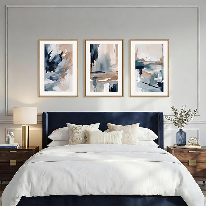 Aryroi Abstract Navy Blue Framed Canvas Wall Art Set,Neutral Brush Stroke Wall Decor,Watercolor Pastel Brown Artwork,Modern Minimalist Color Block Art Print For Living Room,Bedroom,Office-24 x36 x3