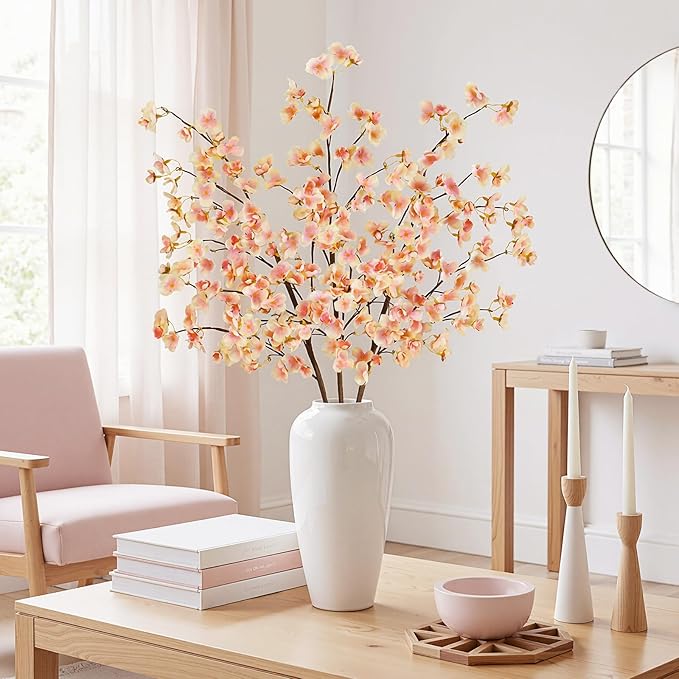 Uieke 3PCS Silk Cherry Blossom Branches, 40.5in Artificial Cherry Blossom Flowers Long Stems Fake Flowers Arrangements for Tall Vase Wedding Home Spring Japanese Decor, Yellow Pink