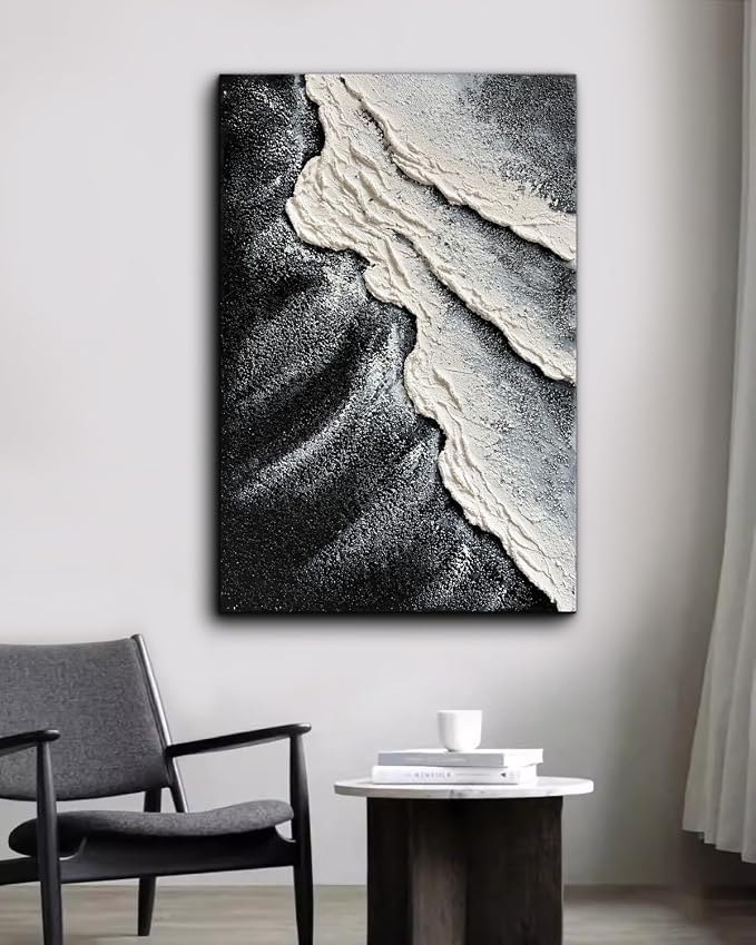 Creespi Hand Painted Black and White Abstract Canvas Wall Art 24x36 inch,Textured Ocean Wave Landscape Oil Painting Home Wall Decor