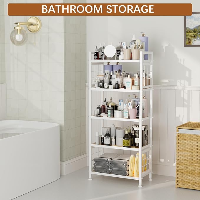 GIOTORENT 5-Tier Kitchen Storage with Wooden Boards, Heavy Duty Storage Shelves & Bookshelf, Adjustable Metal Shelving Unit for Garage Kitchen Bathroom Laundry Organizer, 750LB Capacity, White