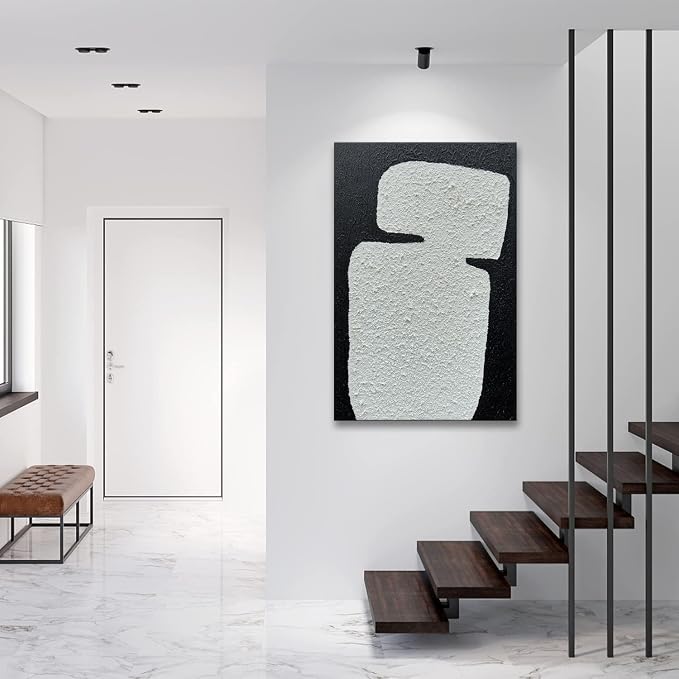 zoinart Hand Painted Textured Wall Art 24x36 Inches Decorative Oil Paintings on Canvas Black and White Abstract Painting Contemporary Art Minimalist Wall Decor