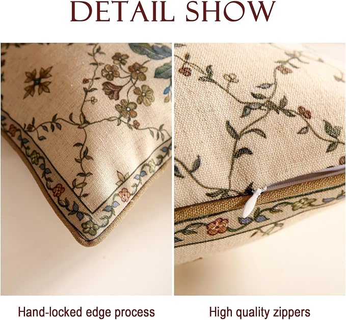 patdrea French Vintage Linen Throw Pillow Cover,18"x18",Set of 2-Audrey A | Decorative Pillow Case with Zipper,Brown Floral Pattern,Pillow Cover for Couch Living Room Bedroom Sofa