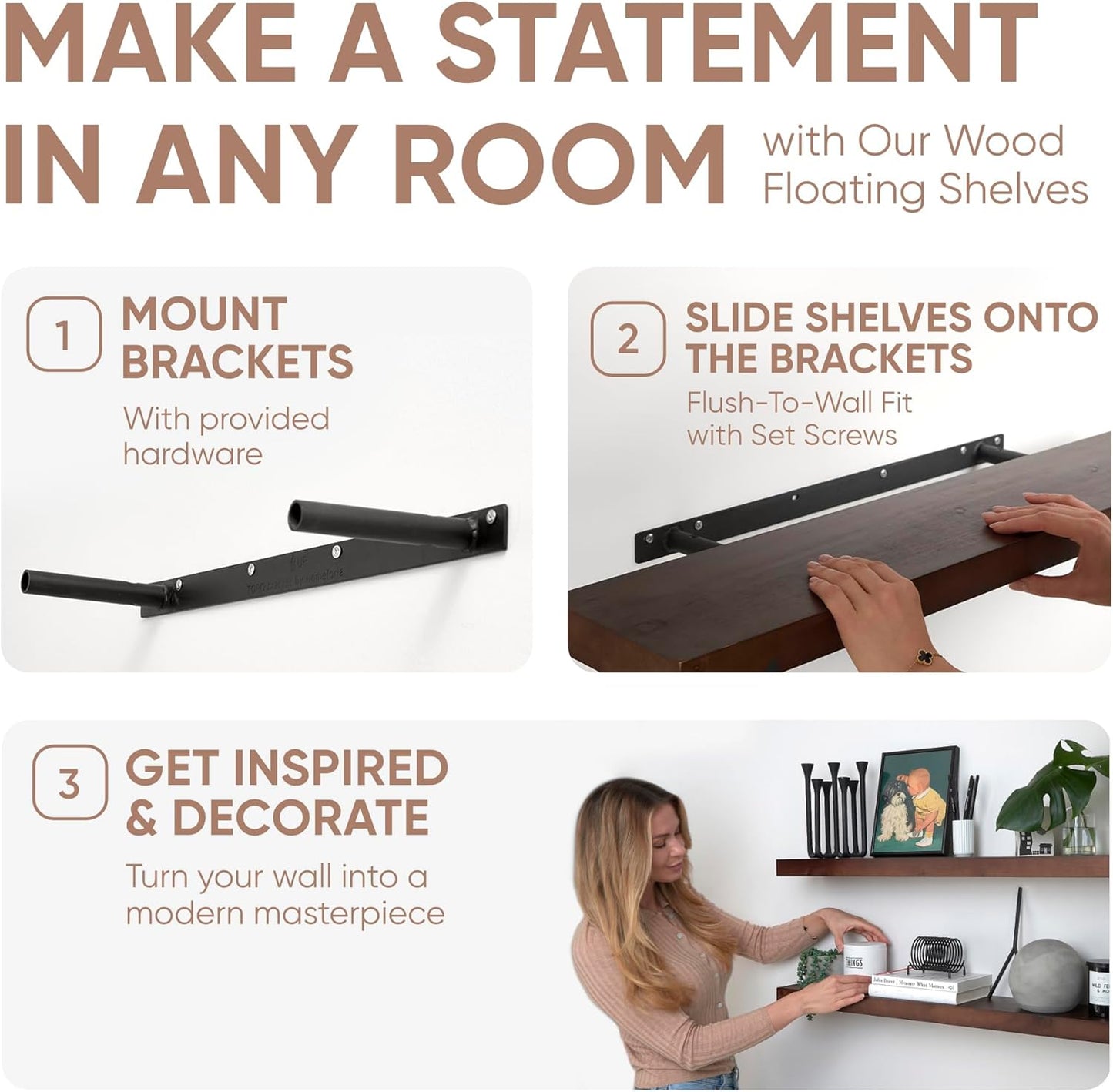 Homeforia Walnut 42 inch Floating Shelves, High End Solid Real Wood 42inch Floating Shelf for Wall, Large Dark Brown 42 inches Long Floating Shelves, Heavy Duty Bracket, 42 X 6.5 X 1.75 inch, Set of 2