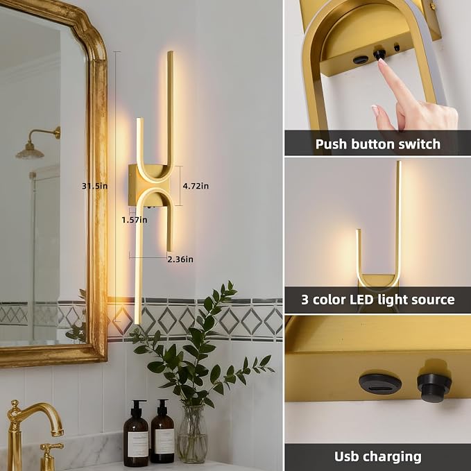 Battery Operated Wall Sconce with Remote Control, USB Rechargeable Wireless Wall Sconce Set of 2, LED Dimmable Wall lamp, 3 Color/Timer/Memory, Gold Wall lights for Bedroom Living Room, 31.5 inch
