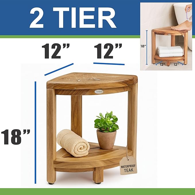 EcoDecors Fully Assembled SnazzyCorner® 18" Teak Shower Bench, Corner Shower Stool, w Shelf in Earthy Teak Finish, Compact Fit for Small Bathrooms & Walk-in Showers – Slip-Resistant Feet, Sauna Bench