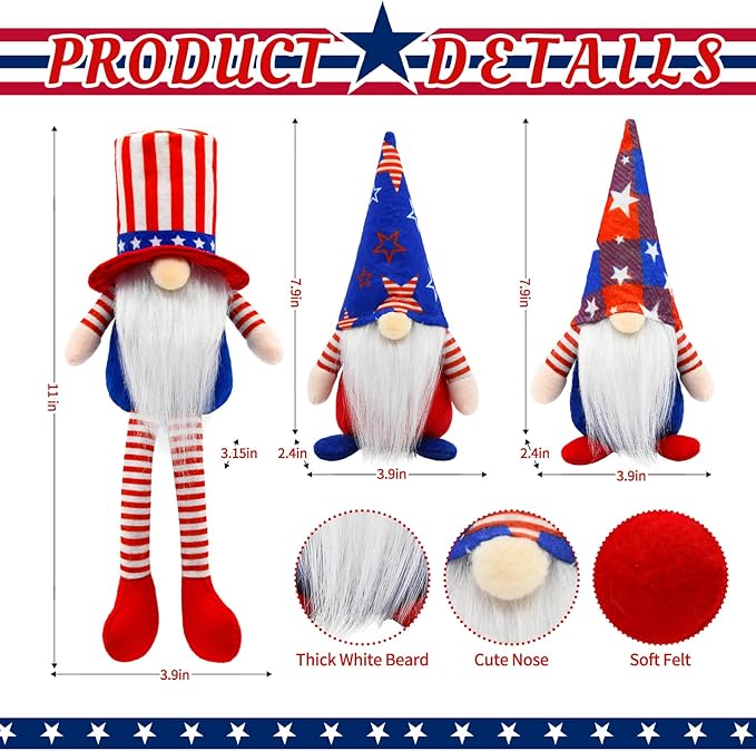 4th of July Decorations Patriotic Gnome Set of 3, 250th Anniversary USA Independence Day Decor, Red White and Blue Decorations for Tiered Tray Mantel Shelf Table