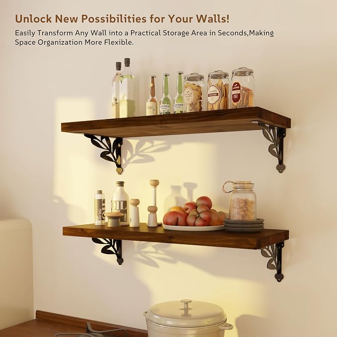24 Inch 2 Tier Solid Wood Floating Shelves for Wall with Metal Brackets | 24 inch solid pine shelves, 2 tier, walnut finish, metal brackets for books, decor and home storage