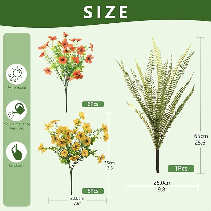 INQCMY Artificial Flowers for Outdoor 12 Pcs Faux Silk Daisy and 1 Pcs Fake Long Leaved Grass UV Resistant Tall Ferns for Home Doorway Courtyard Garden Backyard Decorative (Orange Yellow)