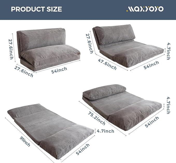 MAXYOYO Folding Sofa Bed, Extra Thick and Long Floor Sofa Convertible Chair with Washable Cover, Floor Couch Lounge Bean Bag Bed for Living Room, Grey, 54x91 Inch