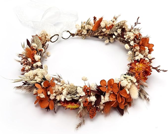 Preserved Dried Flower Crown,Burnt Orange Terracotta Cream, Rustic Wedding Wreath Headband for Brides Bridesmaids Maternity Family Photography