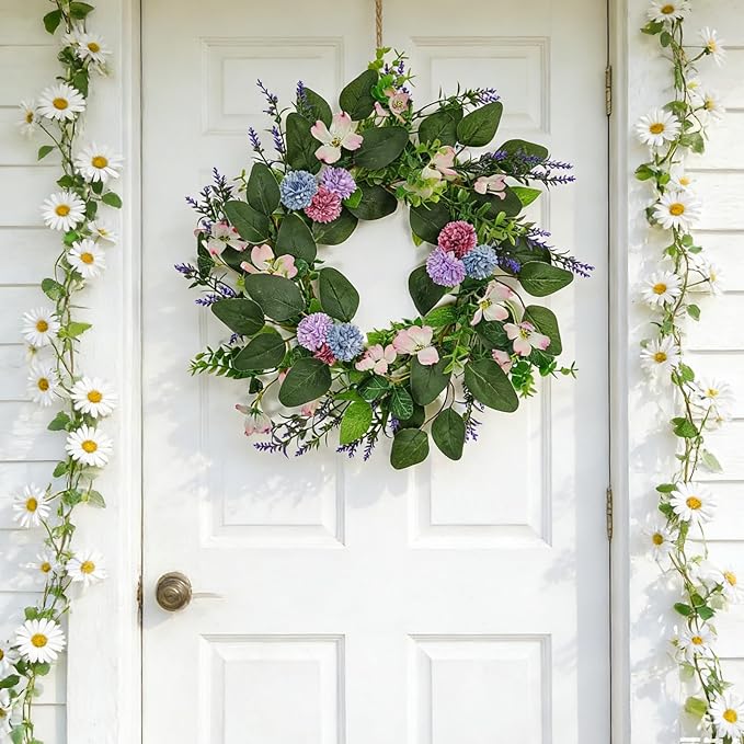 20 Inch Wreaths for Front Door, Spring Summer Flower Wreath - Purple Hydrangea Artificial Flowers for Easter, Home Decor, Farmhouse Wall, Porch, Front Door Decorations