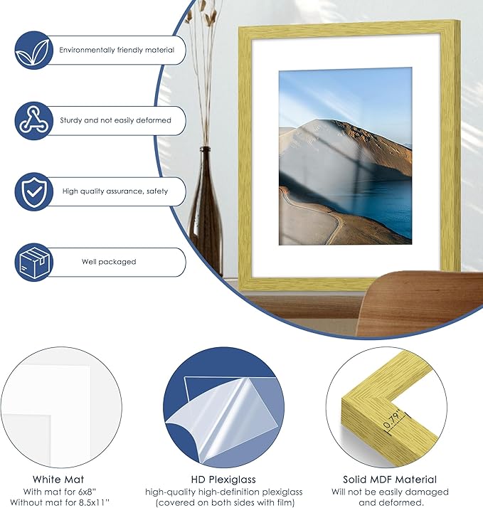 PEALSN 8.5 x 11 Picture Frame Set of 6, Display Pictures 6x8 with Mat or 8.5 x 11 without Mat for Wall Mounting Display, Photo Frames Collage for Wall Decor, Gold