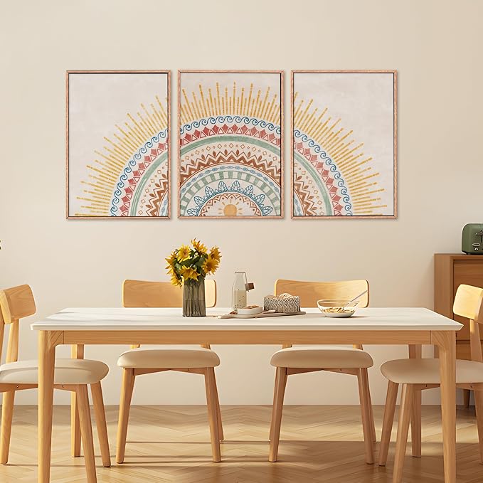 HPINUB Boho Sun Framed Canvas Wall Art Set, Mid-Century Modern Wall Decor, Minimalism Bohemian Wall Painting, Abstract Geometric Pattern Art Print for Living Room, Bedroom, Office - 16"x24"x3