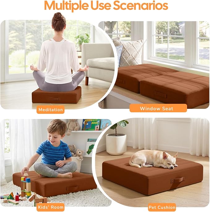 MeMoreCool Square Floor Pillow Seating for Adults Kids, Large Meditation Cushion Floor Pillow with Thick Foam & Soft Tufted Cover, Washable Big Pillow Seat Floor Cushion for Sitting Yoga 24" Coffee