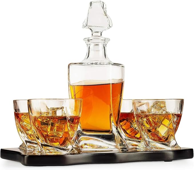 Ember Japanese Crystal Whisky Decanter Set with 4 Tumbler Glasses, Lead-Free Liquor Carafe & 10oz Rocks Glasses - Scotch Bourbon, Spirits & Wood Base Elegant Barware Gift for Men, Japan Design Gifts