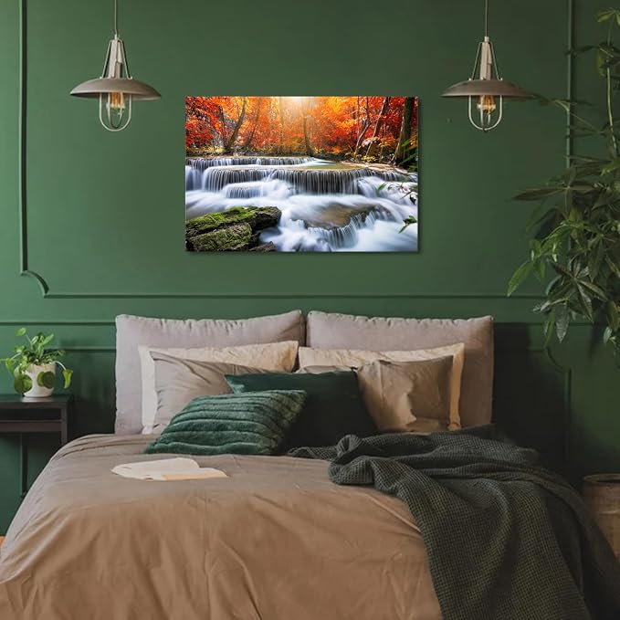 Waterfall Wall Art Nature Forest Mountain Landscape Wall Decor Bathroom Tropical Red Maple Leaves Canvas Prints Living Room Rustic Sunshine Scenery Artwork for Kitchen Office Bedroom Decoration 20x30"