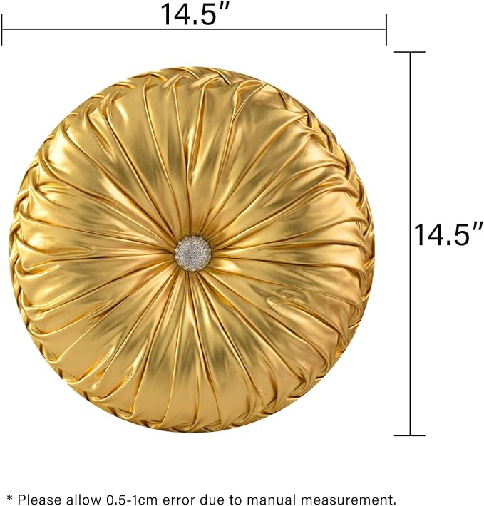 HIG Set of 2 Handcrafted Gold Ruched Round Throw Pillows – 14.5’’ Metallic Leather Decorative Pillows with Soft Polyester Filling for Couch, Bed, Living Room, Bedroom, or Dorm