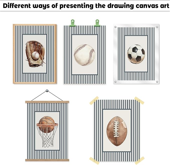 Sports Wall Art Decor Toddler Boys Room Canvas Prints Vintage Sports Nursery Wall Decor Baby Kids Poster Football Baseball Pictures Basketball Soccer Artwork for Children Bedroom 12x16x6 Inch Unframed