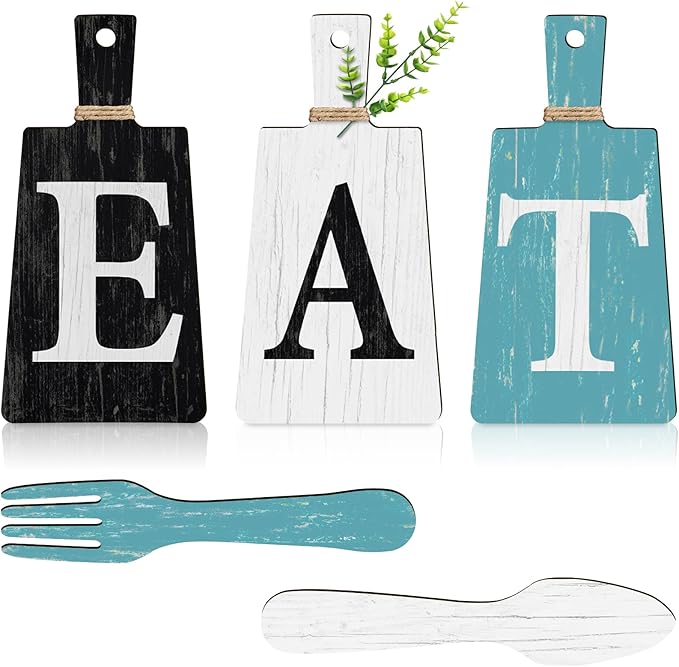 Jetec Cutting Board Eat Sign Set Hanging Art Kitchen Eat Sign Farmhouse Fork and Spoon Wall Decor Rustic Primitive Country Kitchen Decor for Home over Cabinet Decoration(Black, White, Teal)