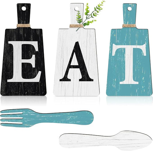Jetec Cutting Board Eat Sign Set Hanging Art Kitchen Eat Sign Farmhouse Fork and Spoon Wall Decor Rustic Primitive Country Kitchen Decor for Home over Cabinet Decoration(Black, White, Teal)