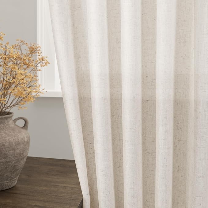 Extra Long Tan Beige Curtains 144 inch Length 2 Panels Set Back Tab Neutral Farmhouse Drapes Light Filtering Semi Sheer Linen Curtain 144 inches Long for Floor to Ceiling Window Patio Sliding Door